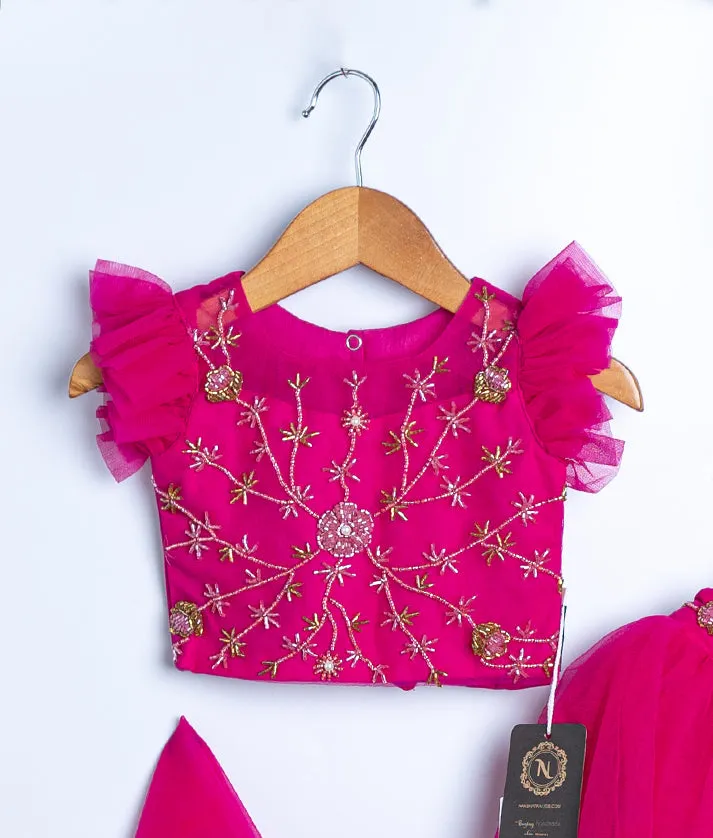 Magenta Tulle net Handworked Crop Top with Full Length Skirt For Baby Girl [Ready to Ship: 2396]