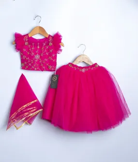 Magenta Tulle net Handworked Crop Top with Full Length Skirt For Baby Girl [Ready to Ship: 2396]