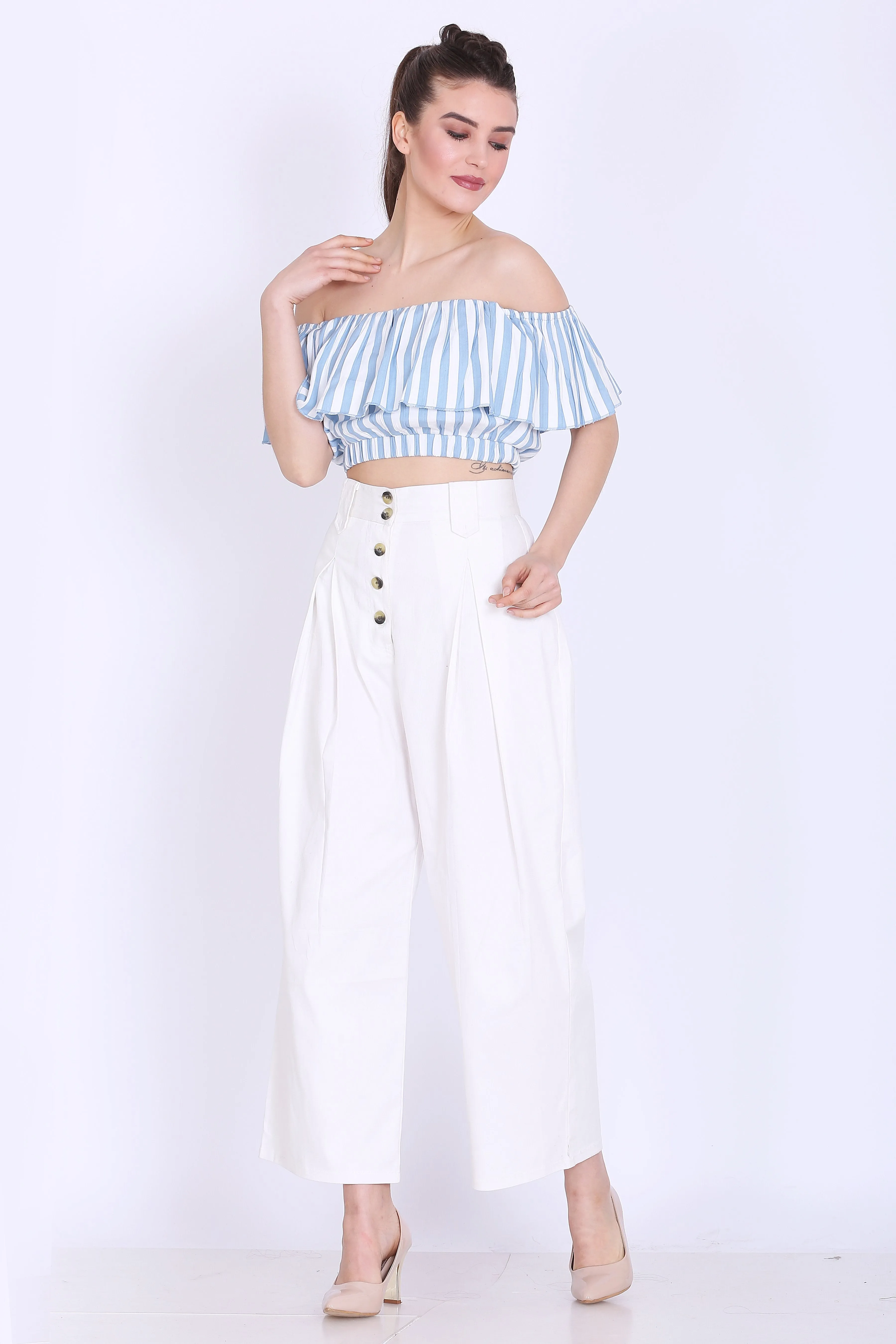 Sea Blue and White Stripes Crop Top