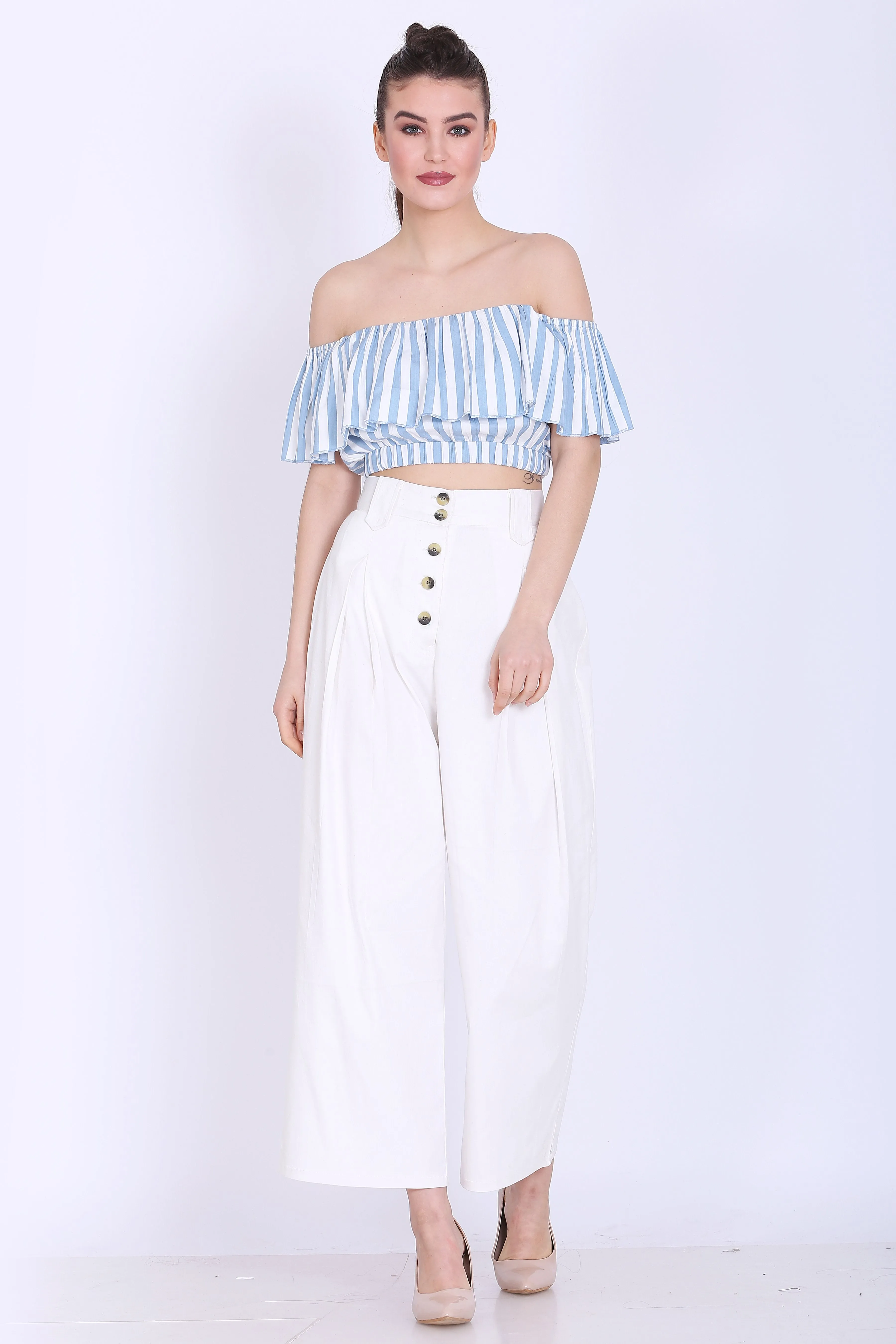 Sea Blue and White Stripes Crop Top