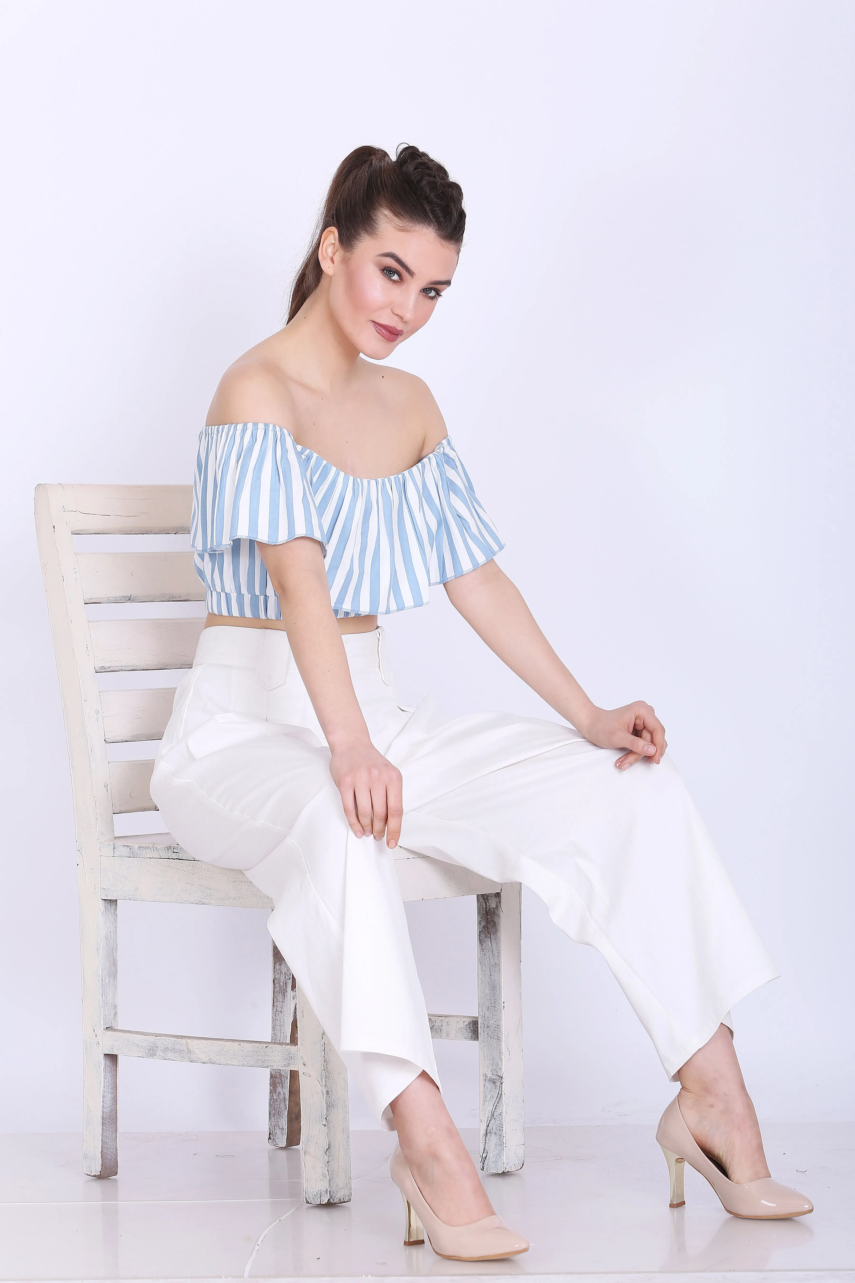 Sea Blue and White Stripes Crop Top