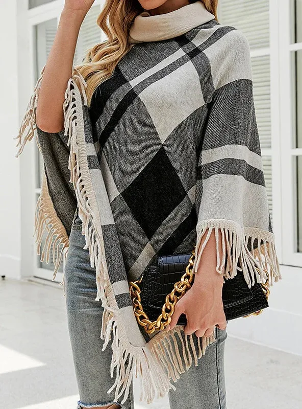 TastyHottie - COLLAR TASSEL CAPE SHAWL PLAID LOOSE COAT