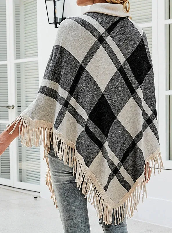TastyHottie - COLLAR TASSEL CAPE SHAWL PLAID LOOSE COAT