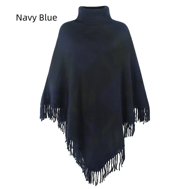 TastyHottie - COLLAR TASSEL CAPE SHAWL PLAID LOOSE COAT