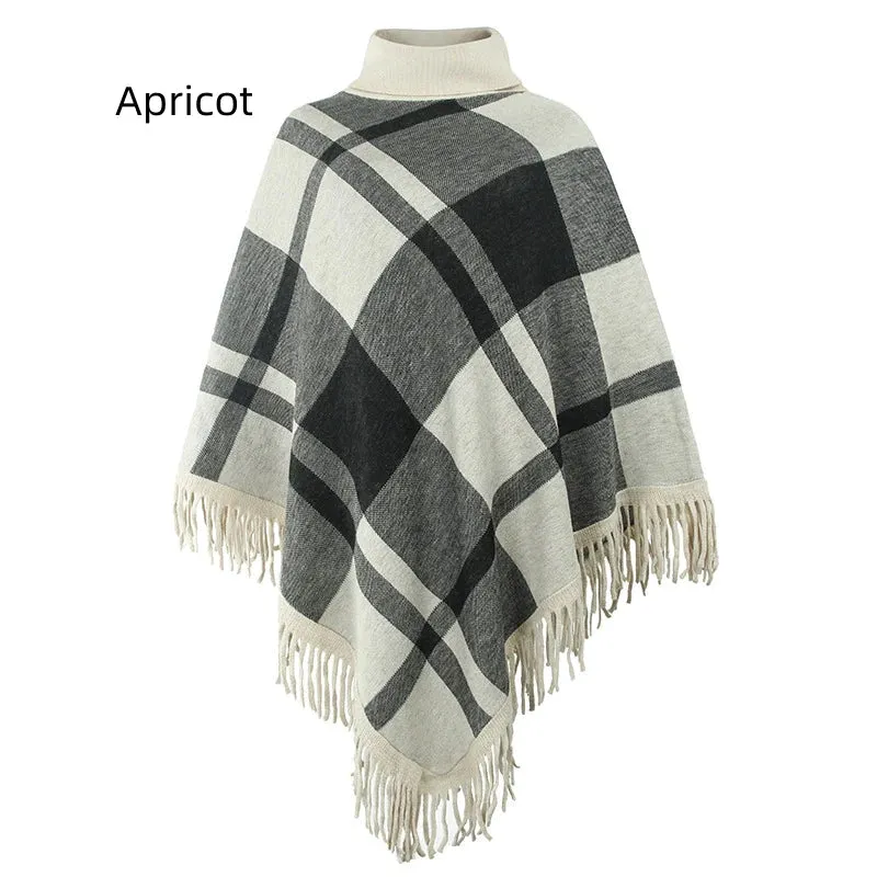 TastyHottie - COLLAR TASSEL CAPE SHAWL PLAID LOOSE COAT