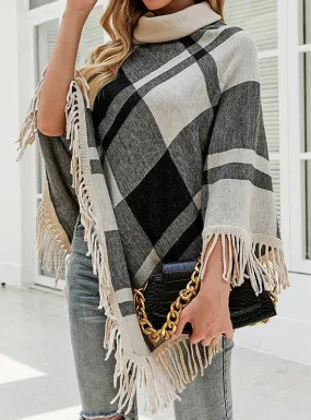 TastyHottie - COLLAR TASSEL CAPE SHAWL PLAID LOOSE COAT