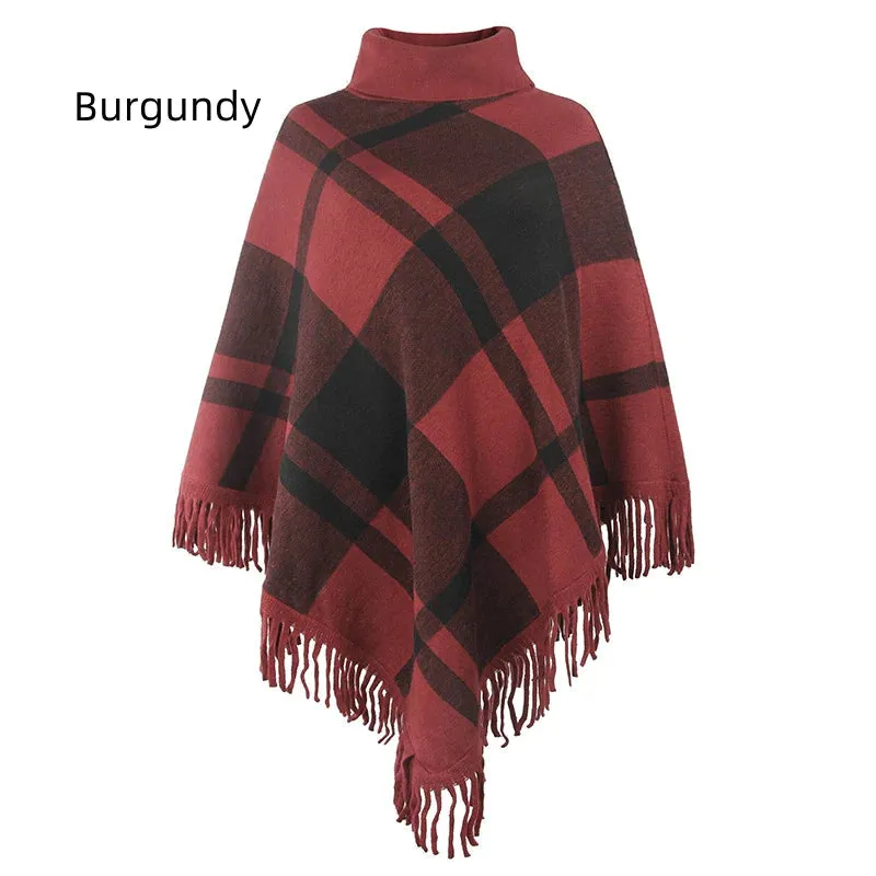 TastyHottie - COLLAR TASSEL CAPE SHAWL PLAID LOOSE COAT