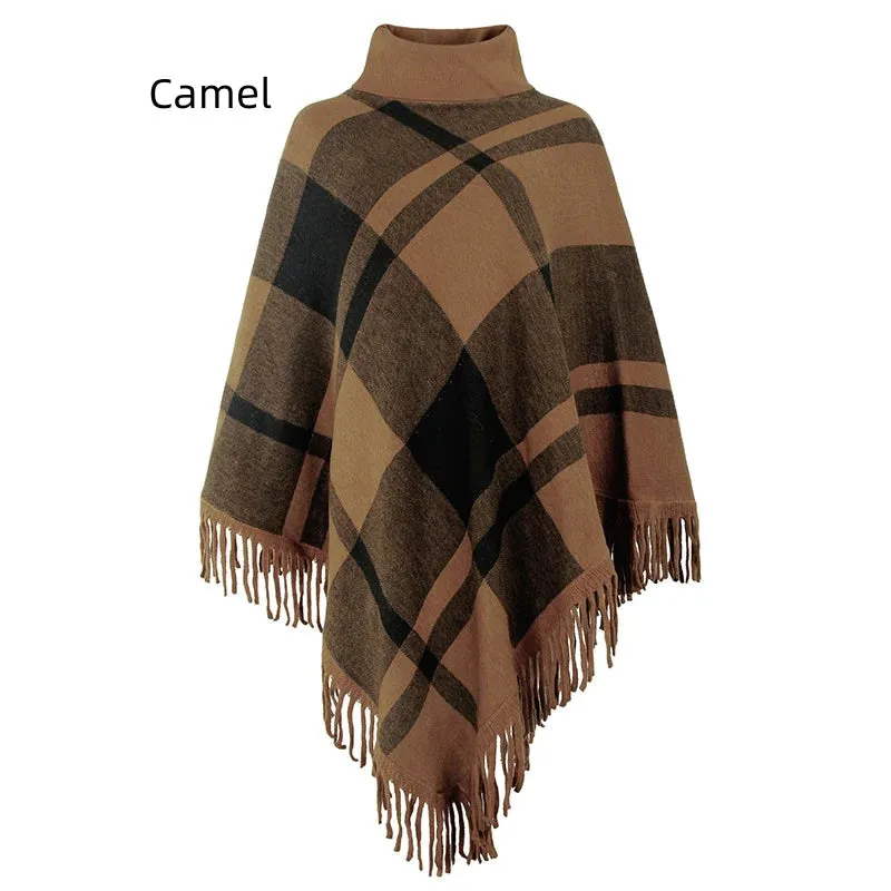 TastyHottie - COLLAR TASSEL CAPE SHAWL PLAID LOOSE COAT