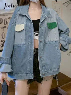 Vintage Hit Color Splicing Denim Jacket Female Autumn Winter Korean New Fashion Loose Blue Denim Coat Women Cool Top S-XL