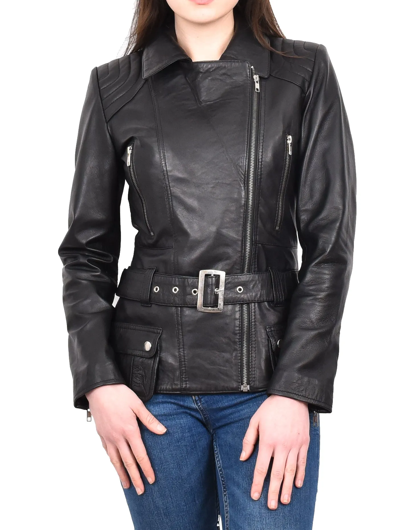 Women’s Slim Fit Cut Hip Length Biker Leather Jacket Black Conkara