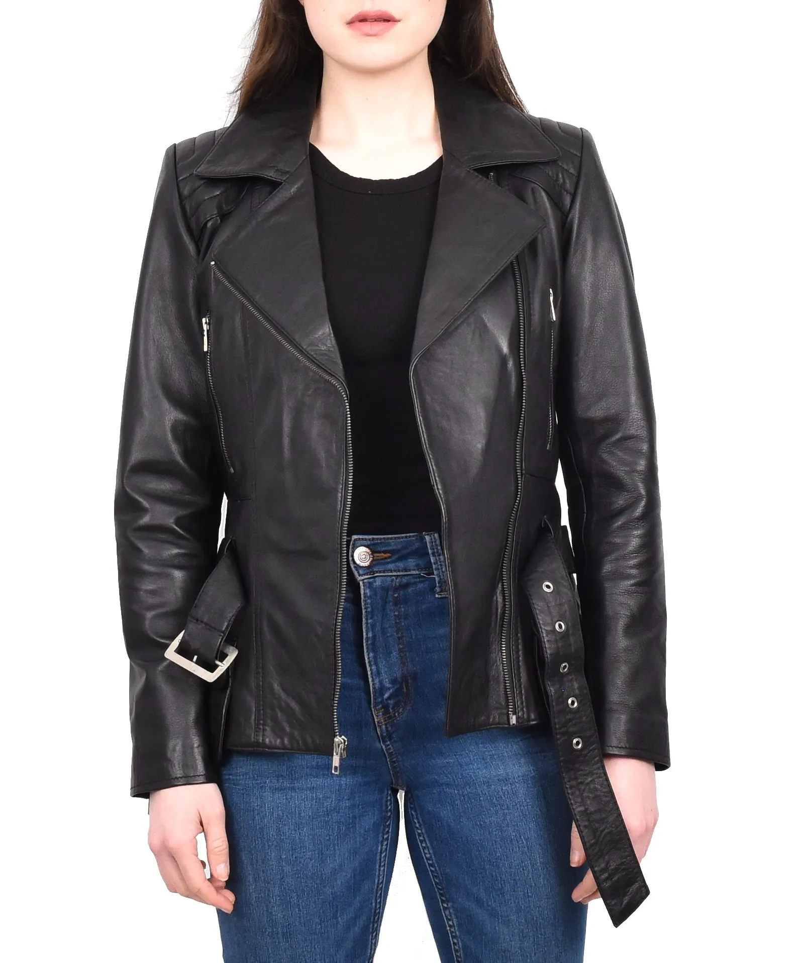 Women’s Slim Fit Cut Hip Length Biker Leather Jacket Black Conkara