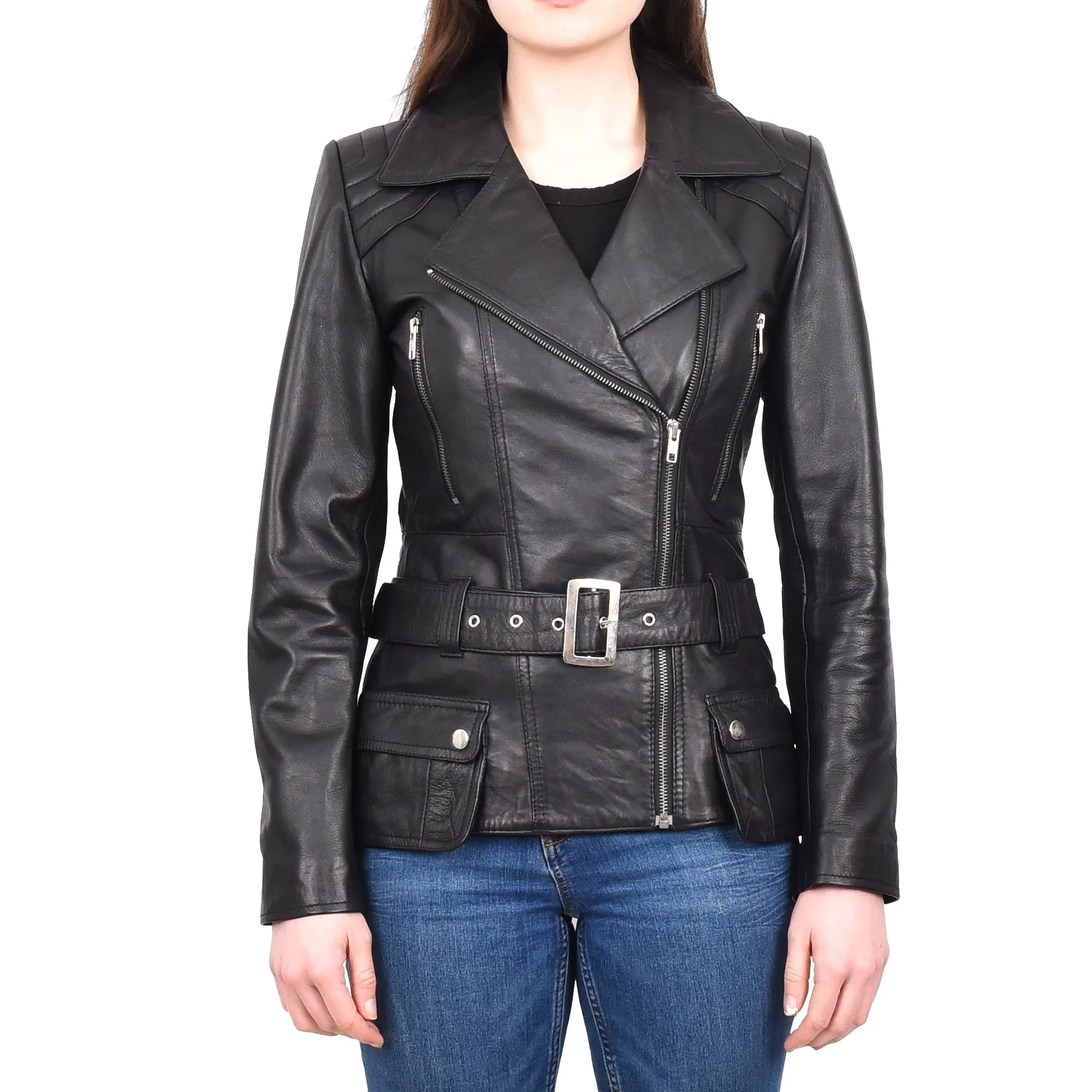 Women’s Slim Fit Cut Hip Length Biker Leather Jacket Black Conkara