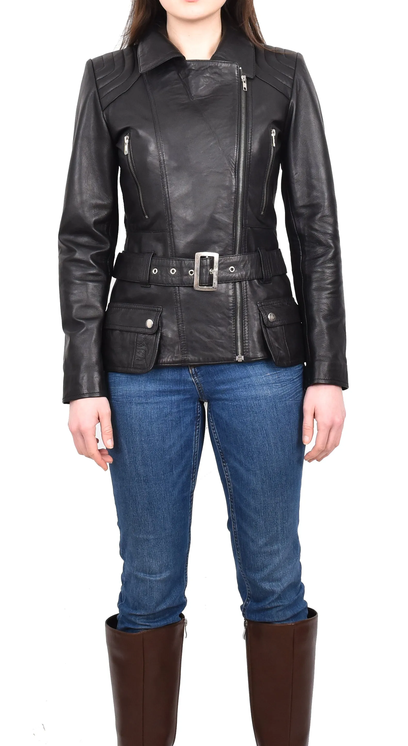 Women’s Slim Fit Cut Hip Length Biker Leather Jacket Black Conkara