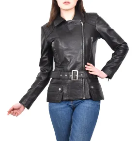 Women’s Slim Fit Cut Hip Length Biker Leather Jacket Black Conkara