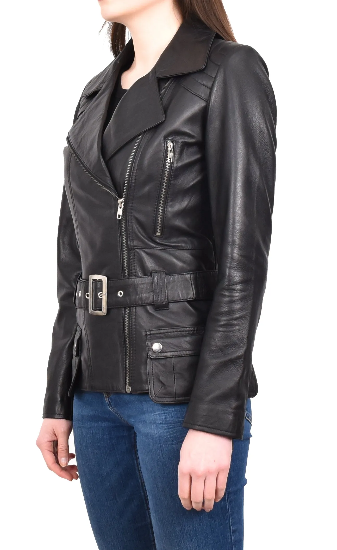 Women’s Slim Fit Cut Hip Length Biker Leather Jacket Black Conkara