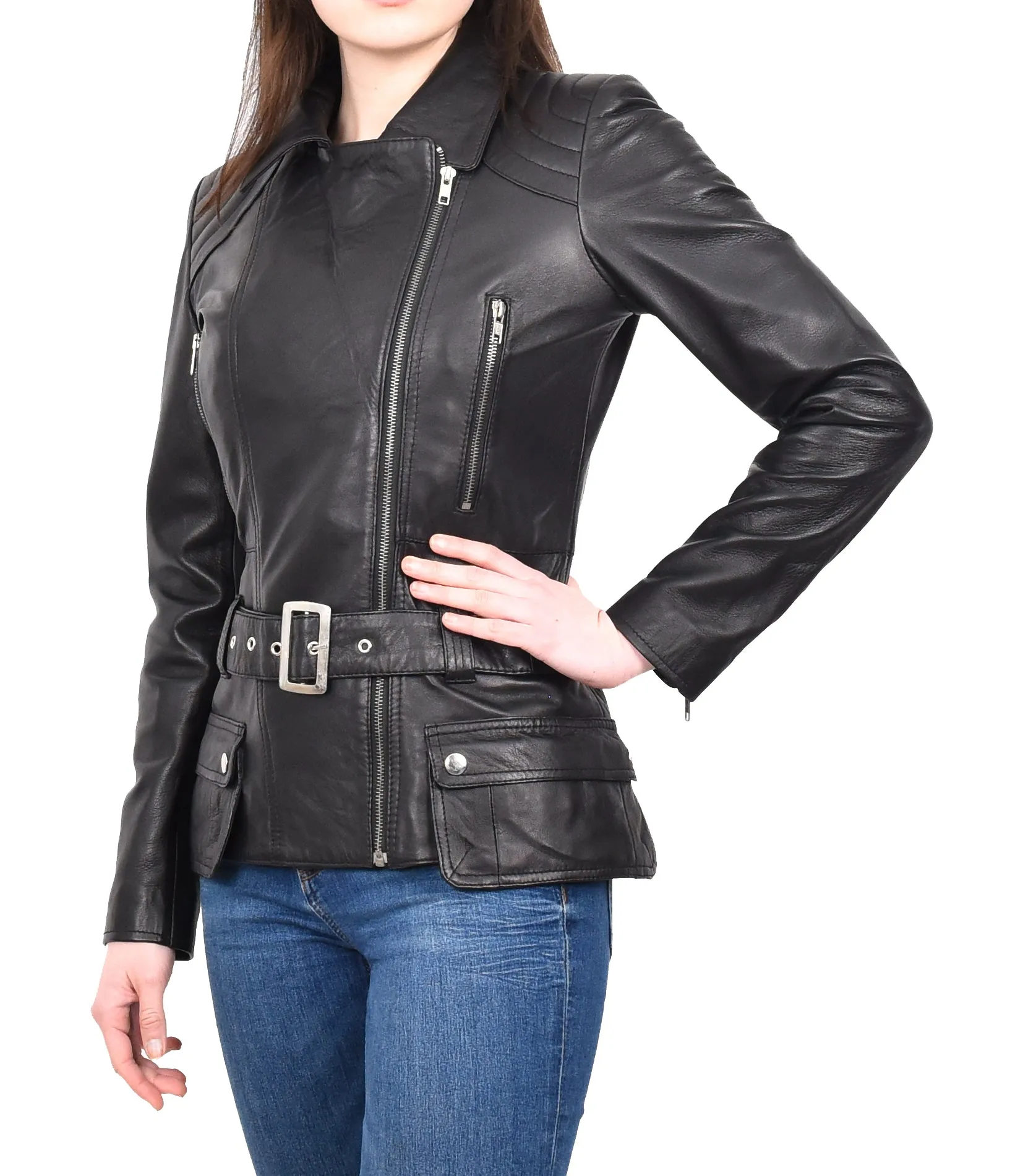 Women’s Slim Fit Cut Hip Length Biker Leather Jacket Black Conkara