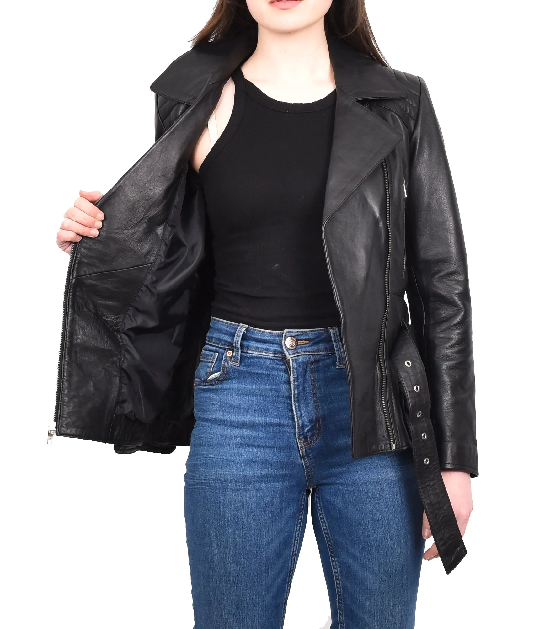 Women’s Slim Fit Cut Hip Length Biker Leather Jacket Black Conkara