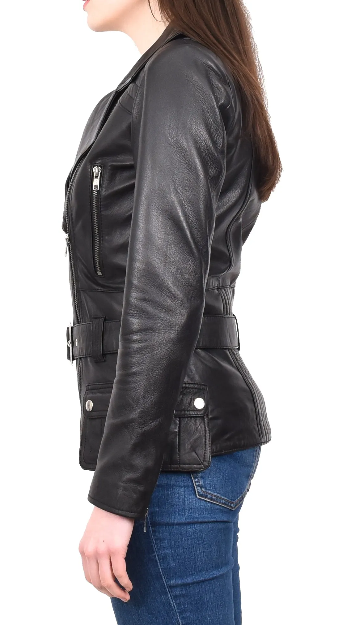 Women’s Slim Fit Cut Hip Length Biker Leather Jacket Black Conkara