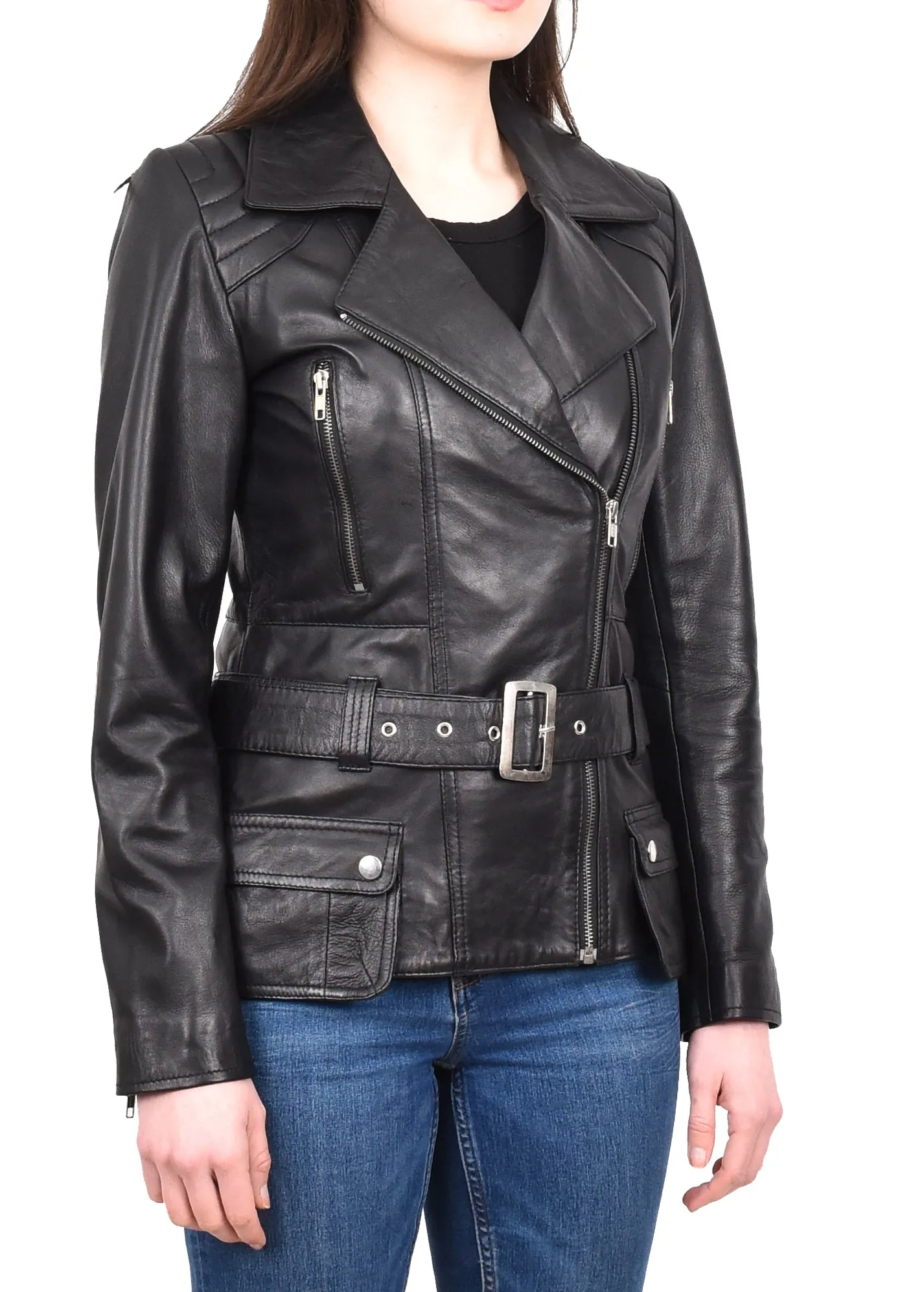 Women’s Slim Fit Cut Hip Length Biker Leather Jacket Black Conkara